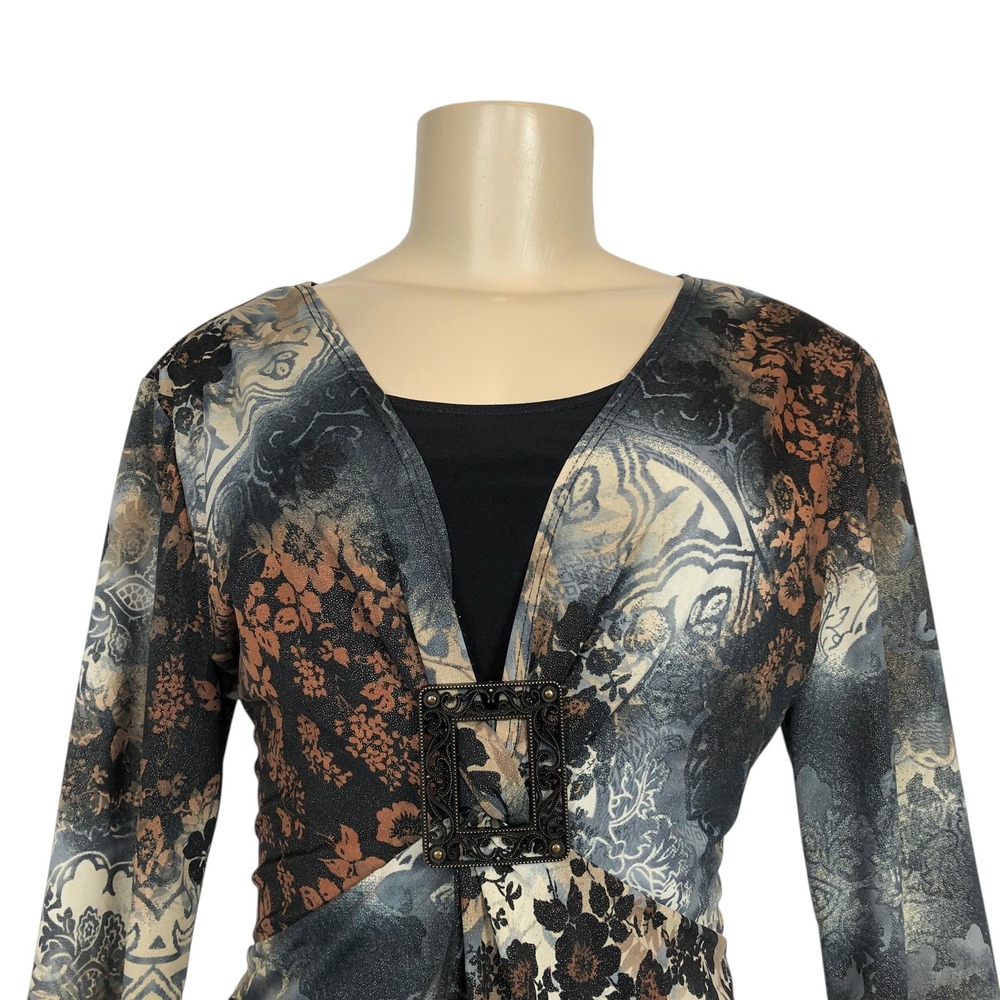 Dressbarn Floral V-Neck Buckle Top Shirt Medium Y2K Whimsigoth Fairy Grunge 90s - Picture 2 of 14